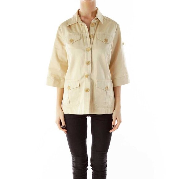 Banana Republic Jackets & Blazers - Banana Republic Beige Buttoned Pocketed Mid-Sleeve Fitted Jacket